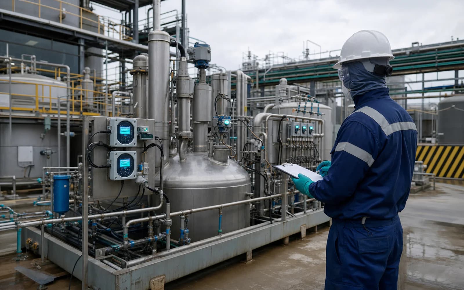 Operator inspecting an industrial wastewater neutralization system