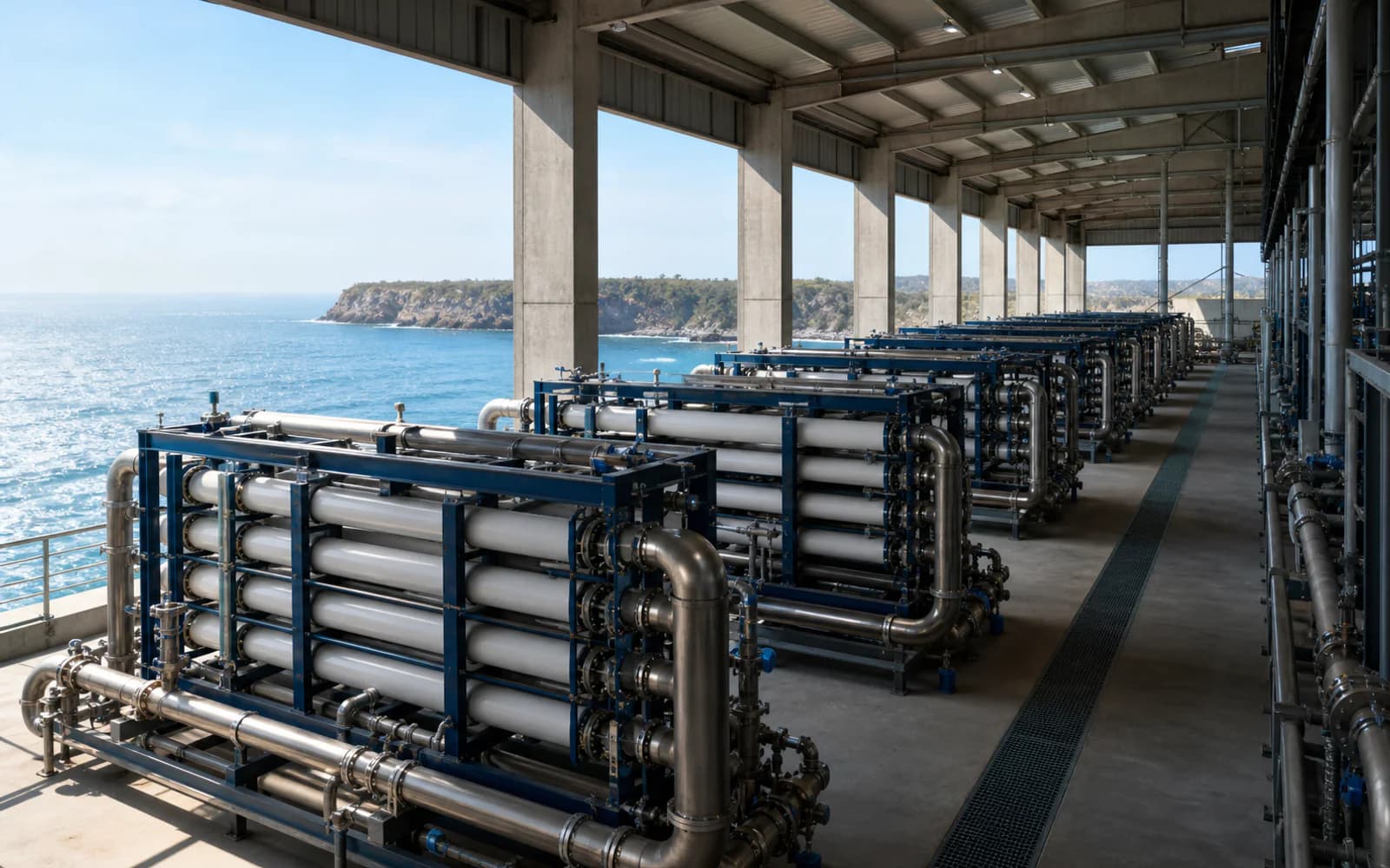 Coastal seawater reverse-osmosis pressure-vessel hall
