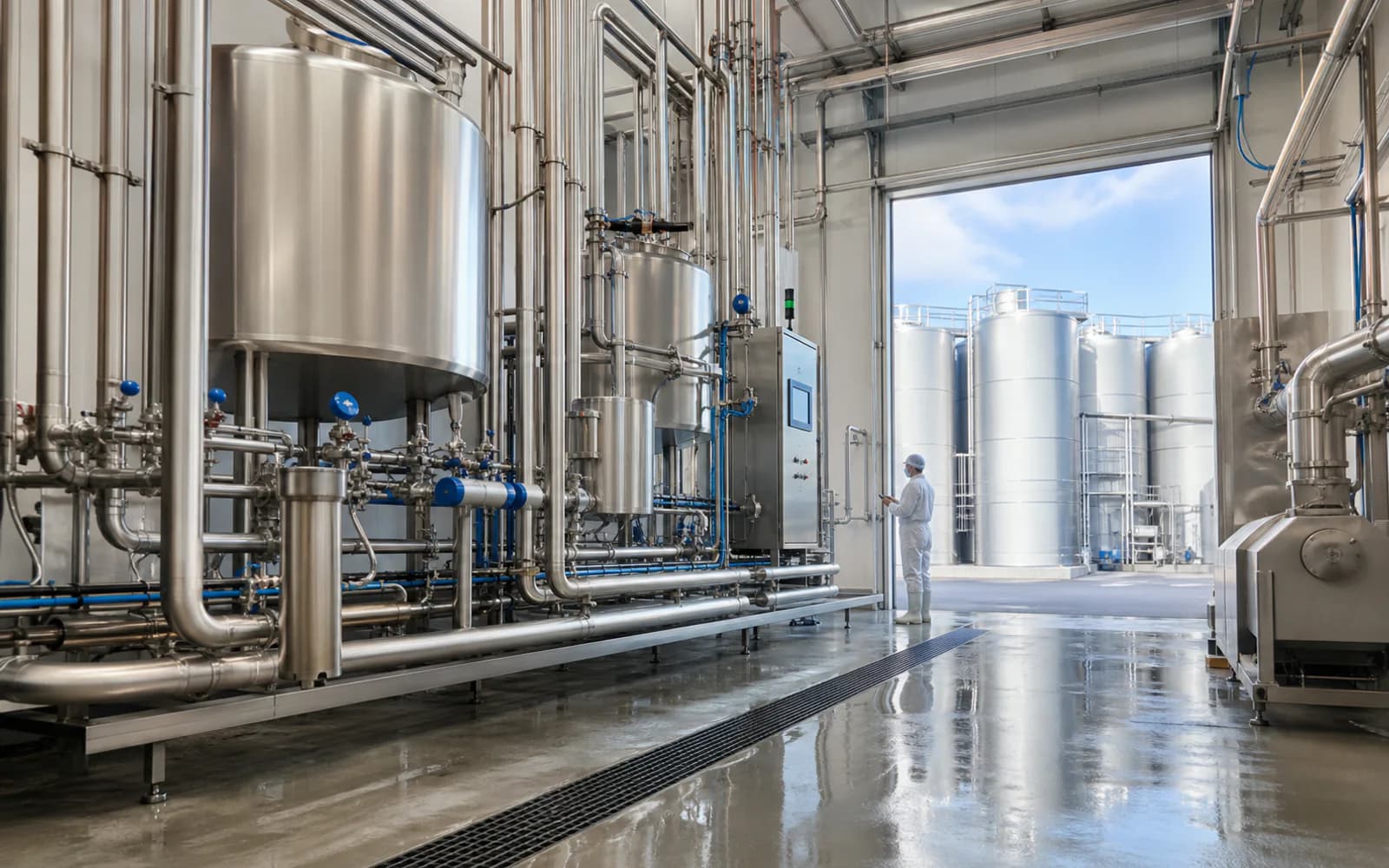 Hygienic dairy clean-in-place room with stainless process tanks and piping