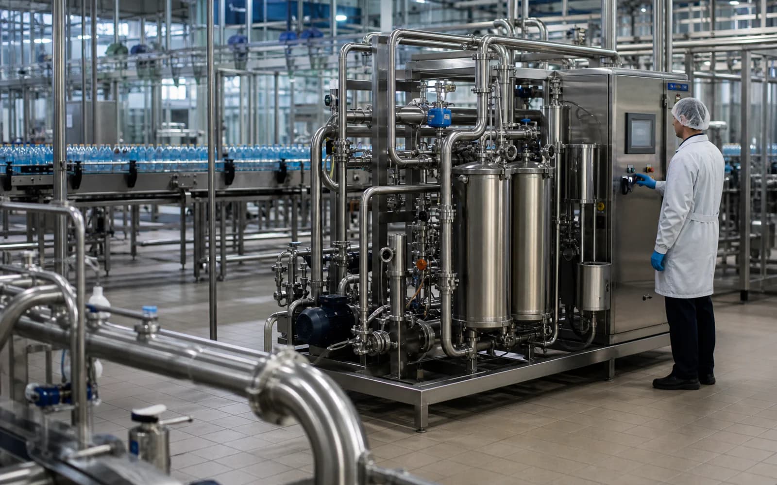 Sanitary clean-in-place water system beside a beverage production line