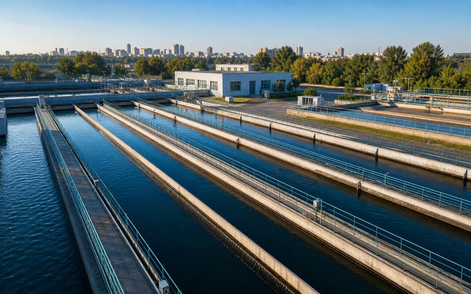 Municipal water treatment works with long filtration channels