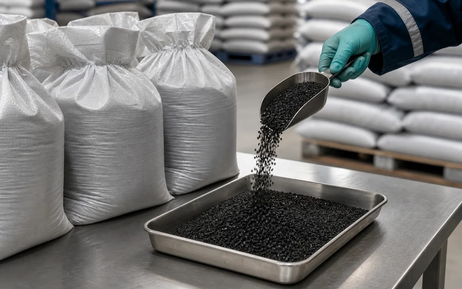 Granular activated carbon being sampled into a stainless-steel tray