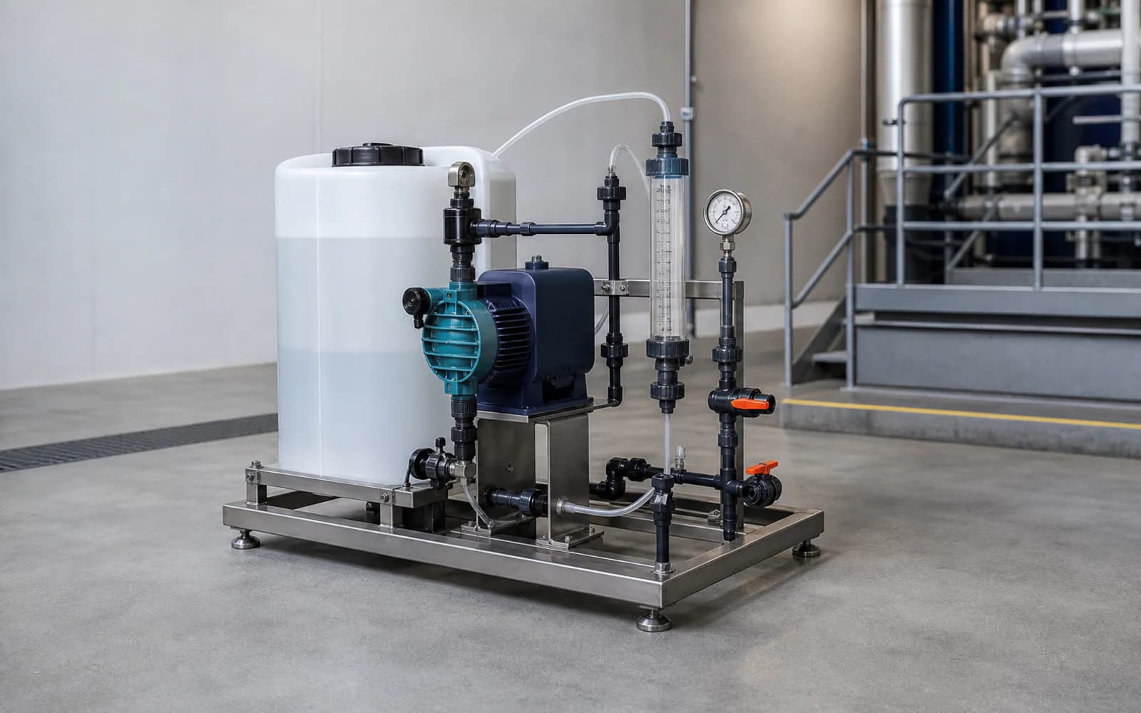 Industrial chemical dosing pump mounted on a complete dosing skid