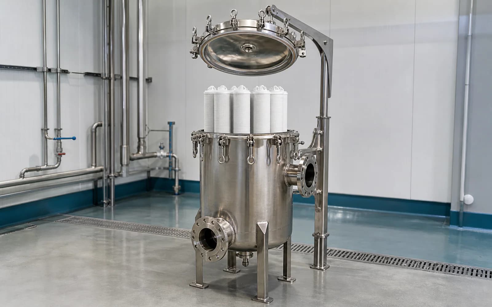 Open stainless-steel cartridge filter housing with filter elements visible