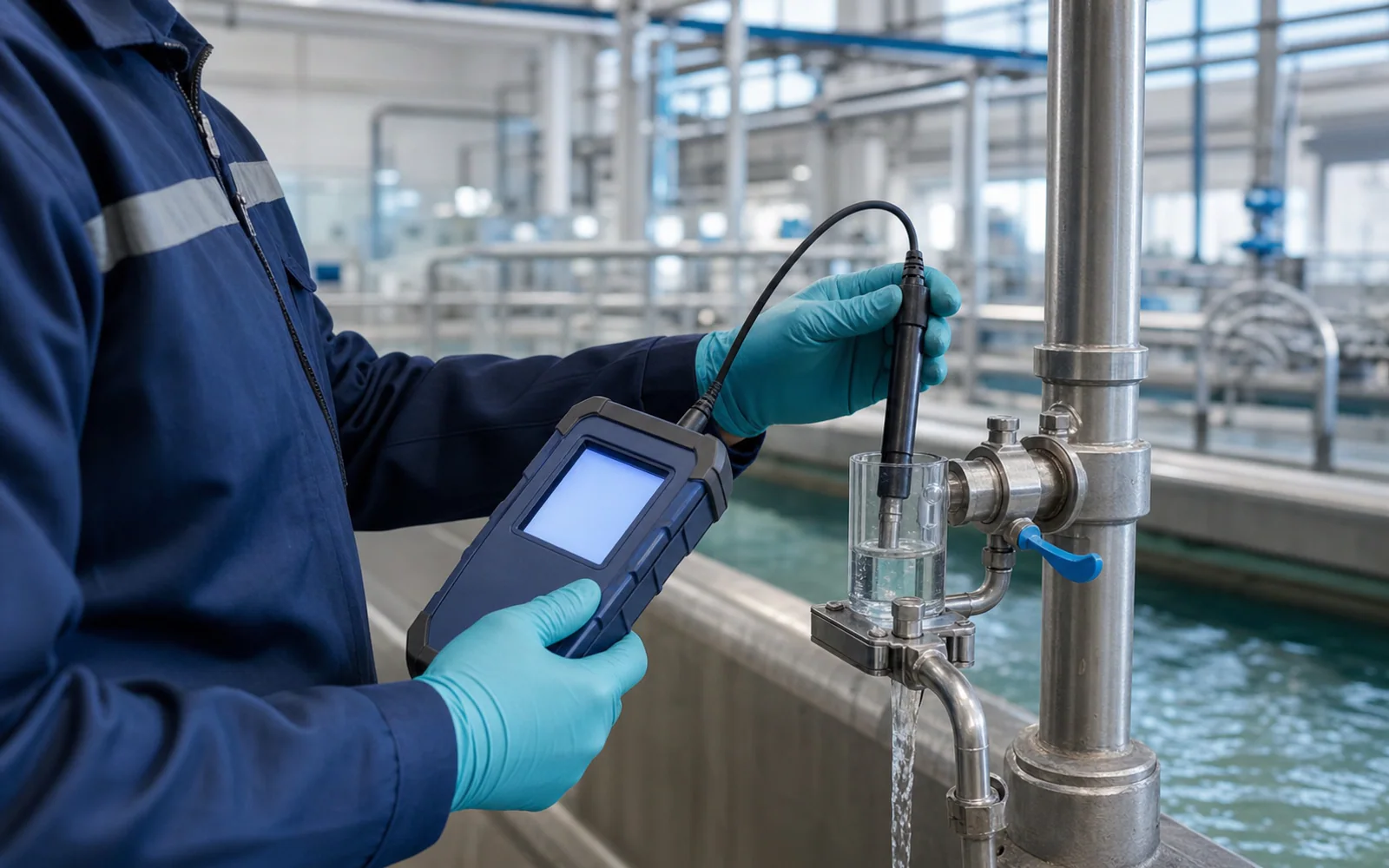 Technician using a handheld water-quality meter at a sampling station