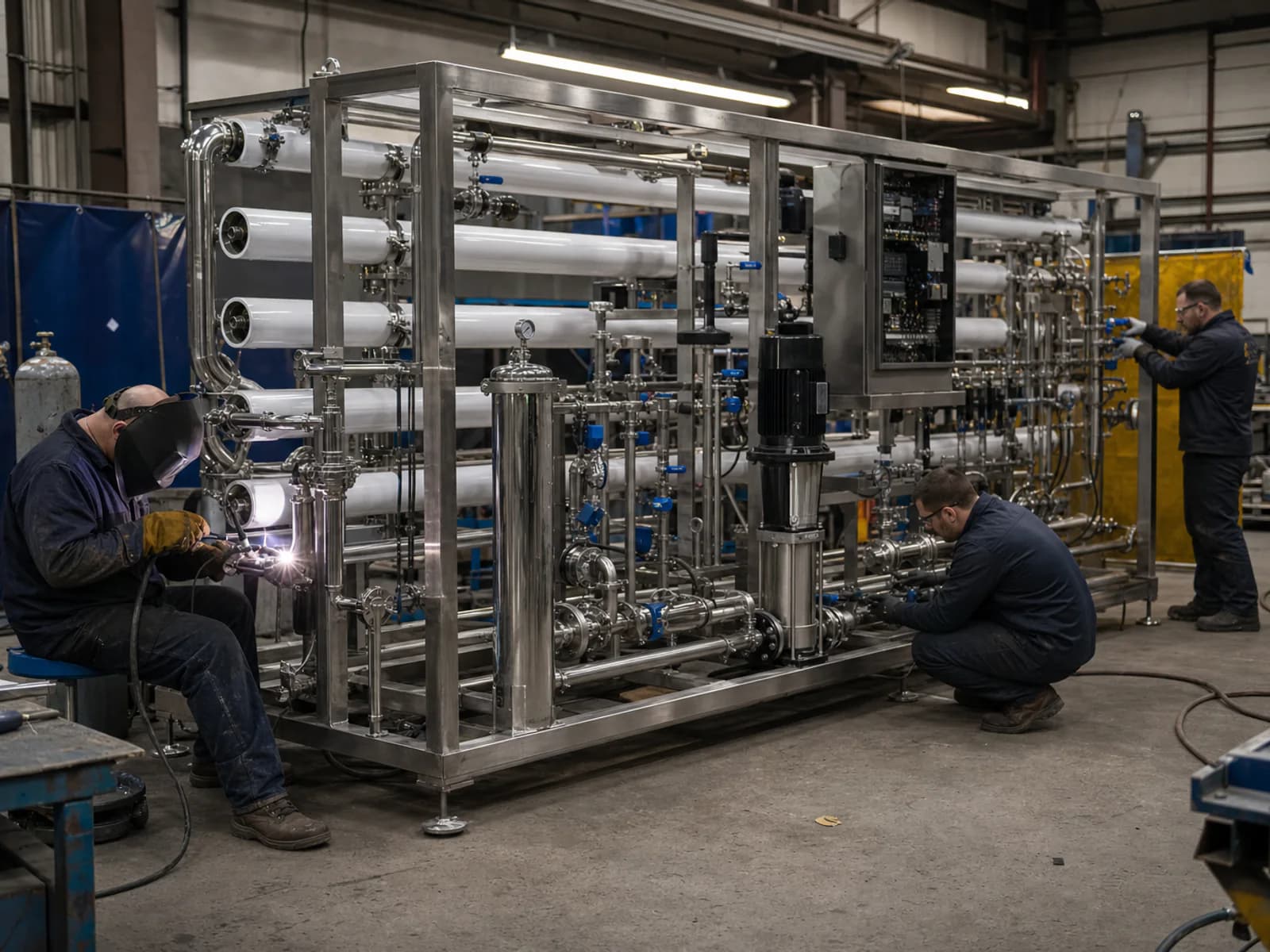 Fabrication team assembling a stainless-steel water treatment skid