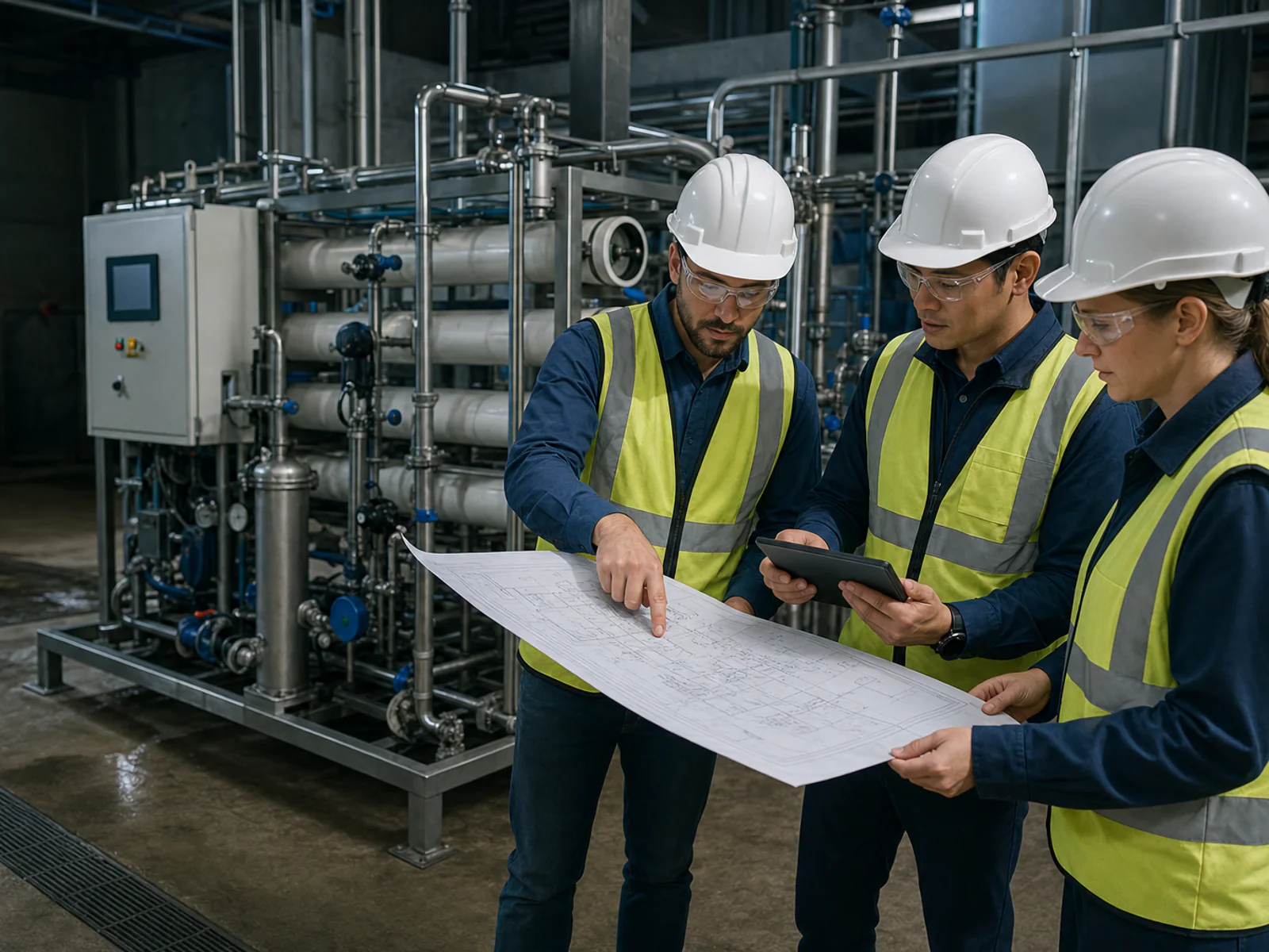 Water engineers and a procurement professional reviewing treatment system plans