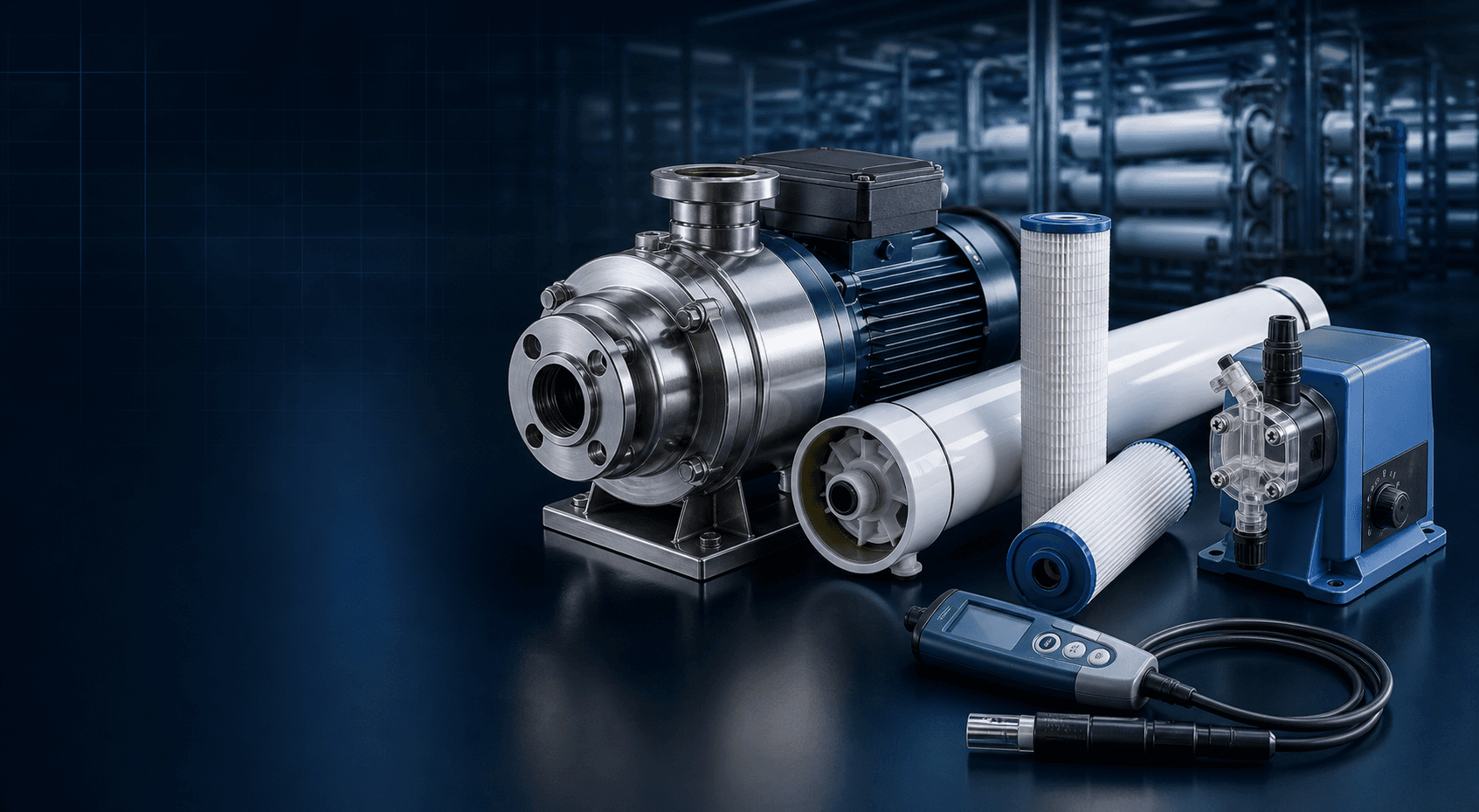 Industrial pump, filtration cartridges, dosing pump, membrane housing, and water quality meter